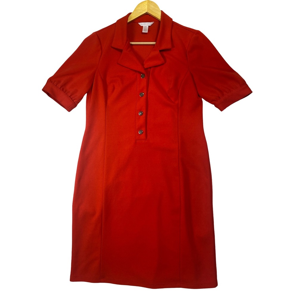 London Times Red Short Sleeve‎ Button Front Shift Dress with Collar Size 8 Carer - Picture 6 of 10